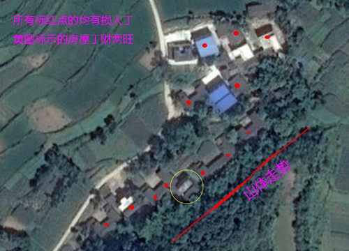 同一村落损丁与旺丁旺财的阳宅风水卫星图